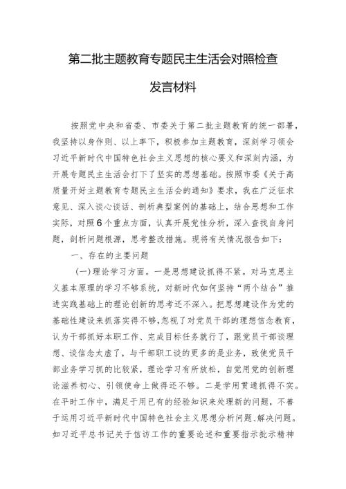 第二批主题教育专题民主生活会对照检查发言材料.docx