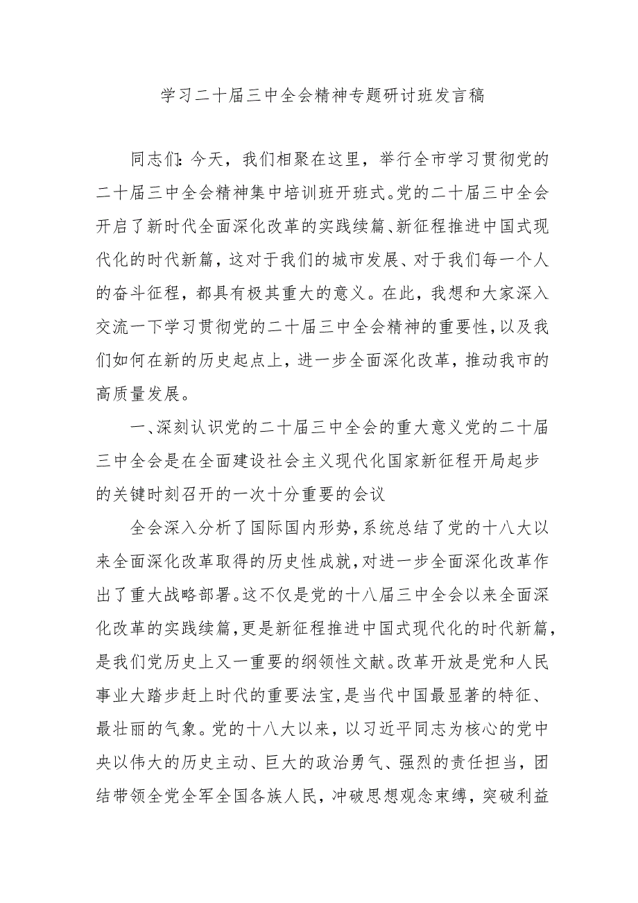 单位开展学习二十三中全会精神专题研讨班发言稿合计4份.docx_第1页