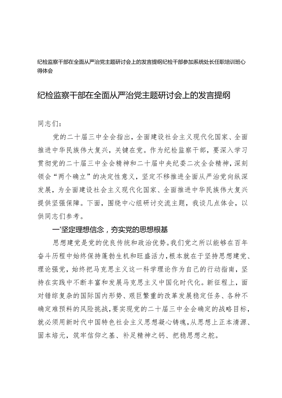 2024年纪检监察干部在全面从严治党主题研讨会上的发言提纲+纪检干部参加系统处长任职培训班心得体会.docx_第1页