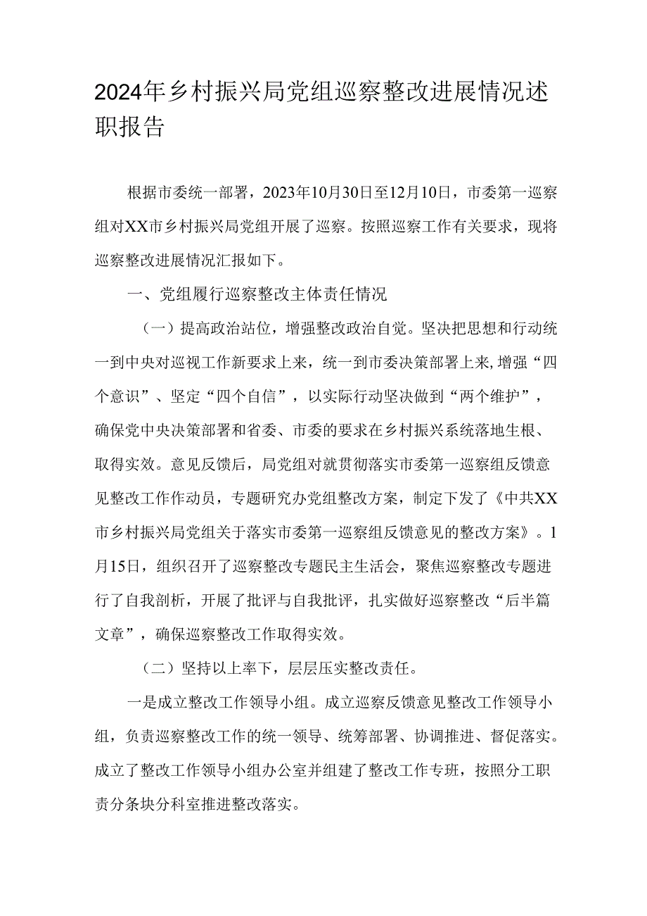 2024年乡村振兴局党组巡察整改进展情况述职报告.docx_第1页
