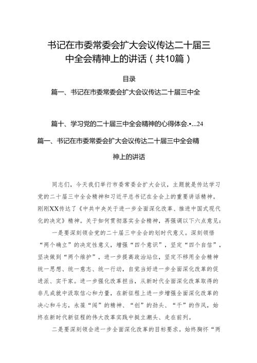 （10篇）书记在市委常委会扩大会议传达二十三中全会精神上的讲话（详细版）.docx