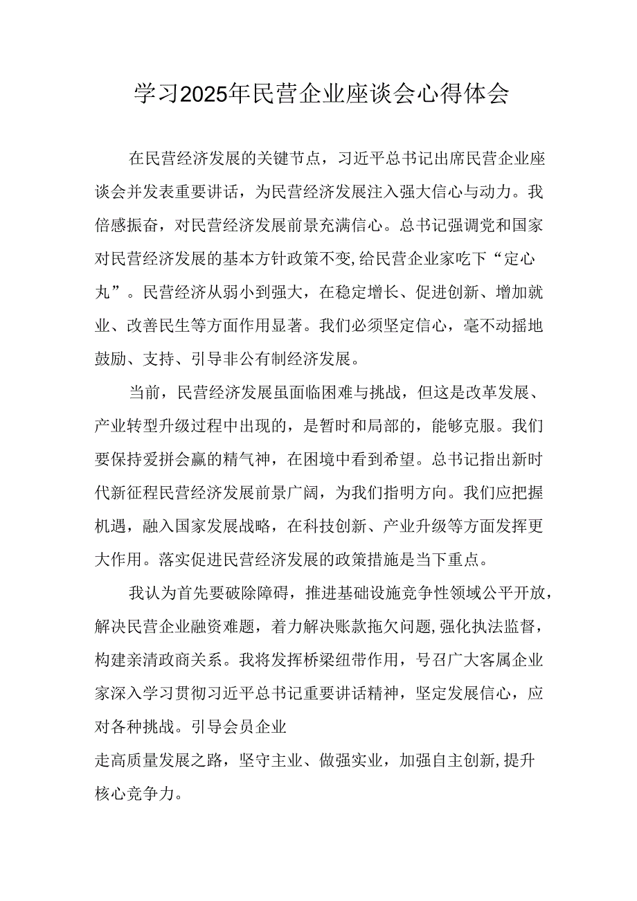 2025年私营企业学习《民营企业座谈会》个人心得体会.docx_第1页