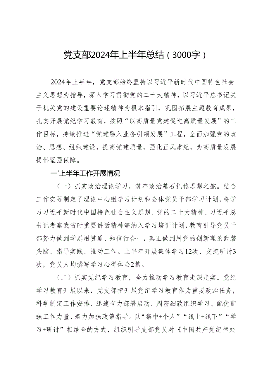 专项工作总结∣半年总结：党支部2024年上半年总结（3000字）.docx_第1页