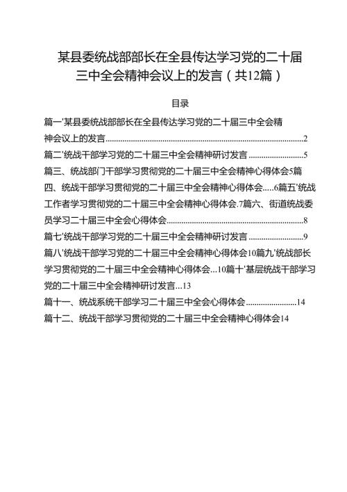 某县委统战部部长在全县传达学习党的二十三中全会精神会议上的发言12篇（精选）.docx
