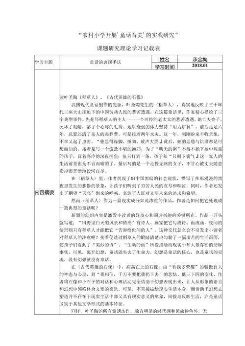 “农村小学开展‘童话育美’的实践研究”课题研究理论学习记载表.docx