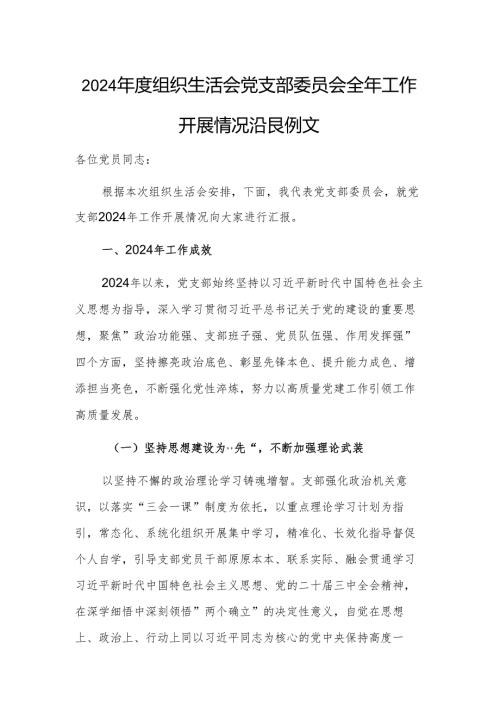 2024年度组织生活会党支部委员会全年工作开展情况汇报范文.docx
