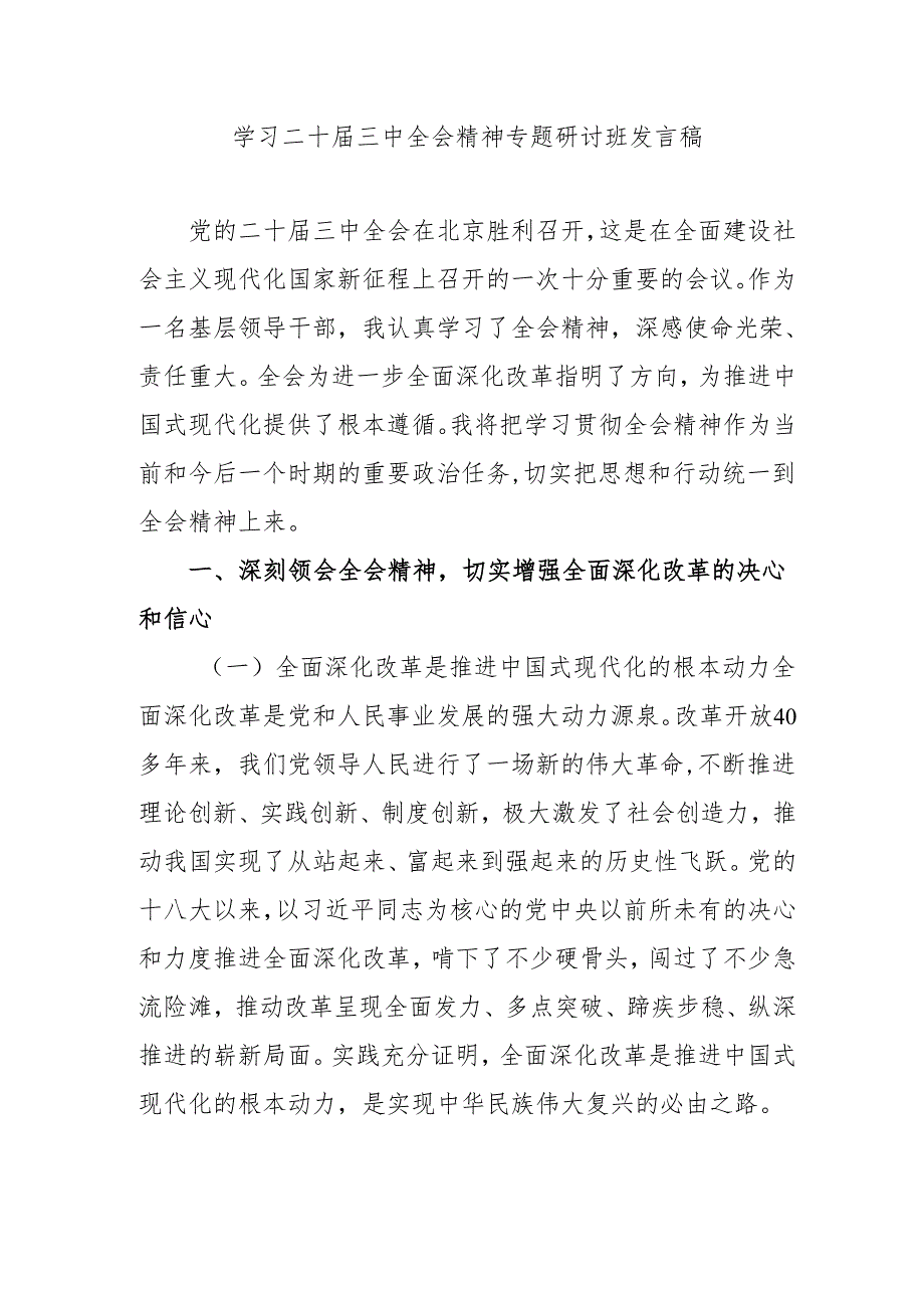 2024年开展《学习二十三中全会精神》专题研讨班开班发言稿（3份）.docx_第1页