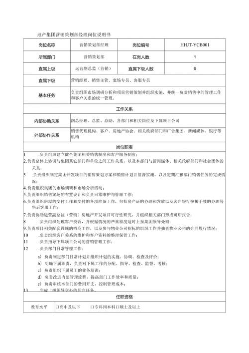 地产集团营销策划部经理岗位说明书.docx
