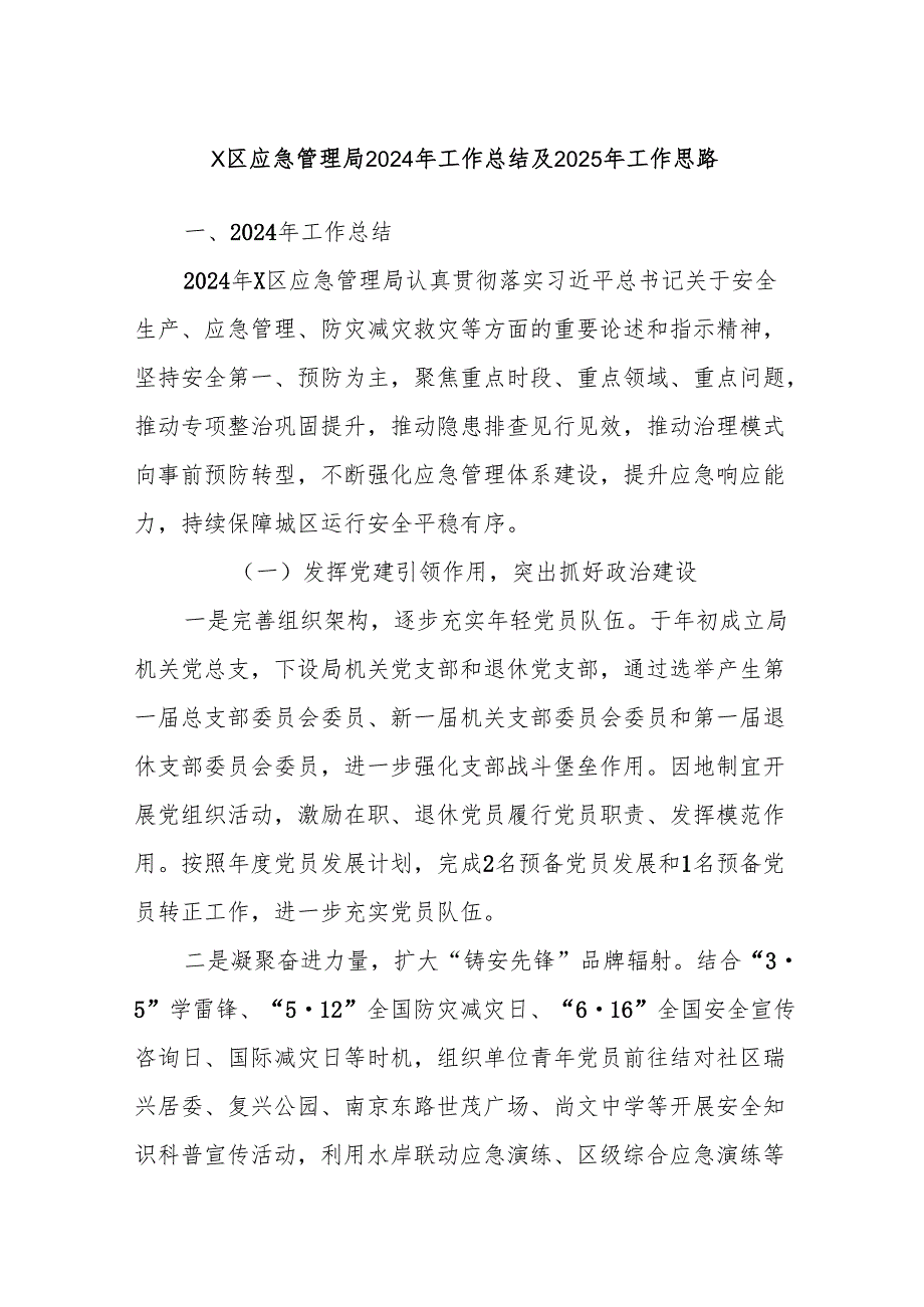 X区应急管理局2024年工作总结及2025年工作思路.docx_第1页