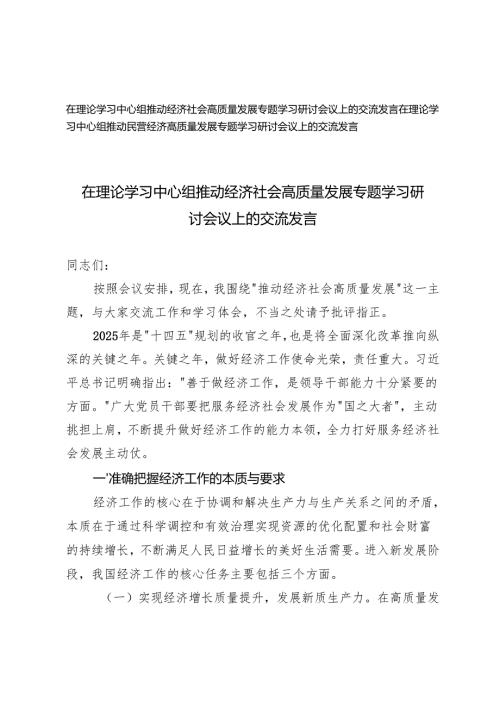 2篇 2025年在理论学习中心组推动经济社会高质量发展专题学习研讨会议上的交流发言.docx