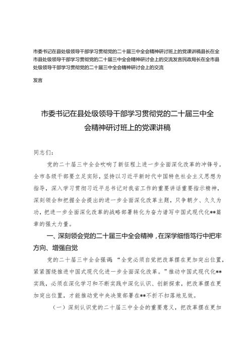 市委书记、县长、民政局长在全是县处级领导干部学习贯彻党的二十三中全会精神研讨班上的党课讲稿研讨发言.docx