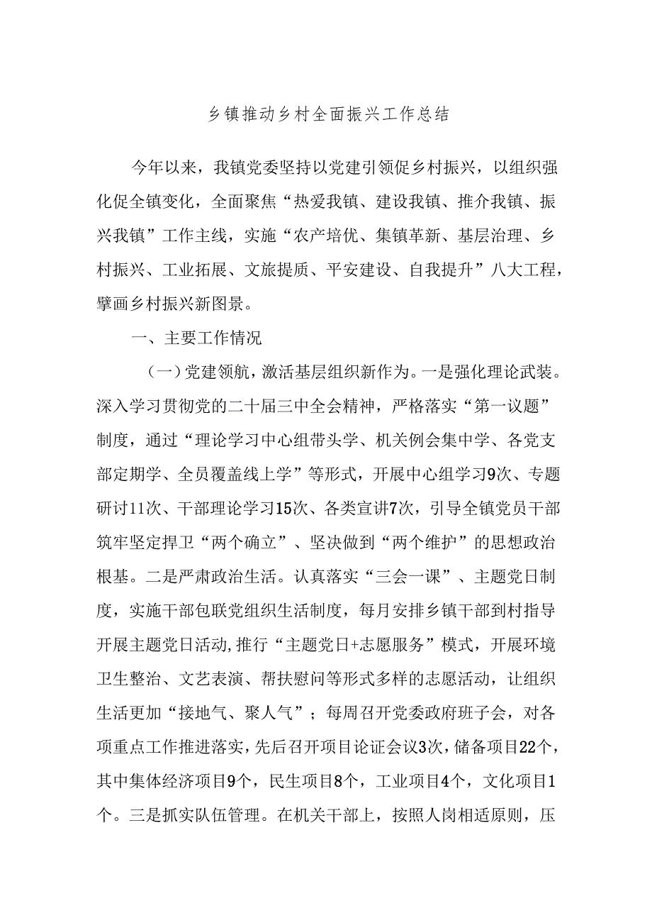 乡镇推动乡村全面振兴工作总结.docx_第1页