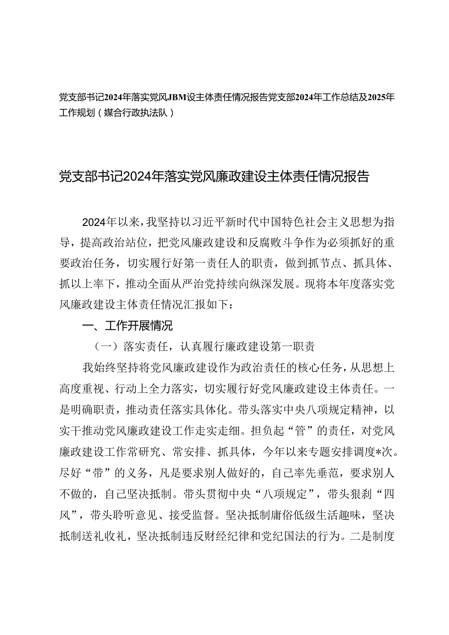 党支部书记2024年落实党风廉政建设主体责任情况报告+党支部2024年工作总结及2025年工作规划.docx_第1页