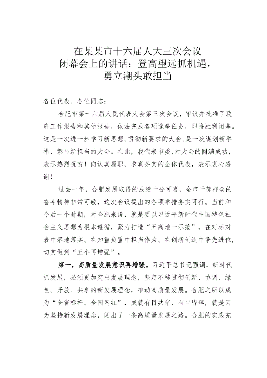 在某某市十六人大三次会议闭幕会上的讲话：登高望远抓机遇勇立潮头敢担当.docx_第1页