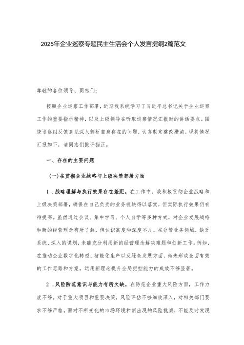 2025年企业巡察专题民主生活会个人发言提纲2篇范文.docx
