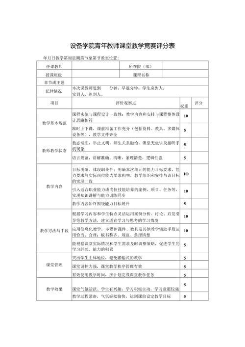 设备学院青年教师课堂教学竞赛评分表.docx