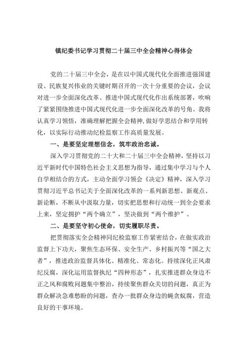 镇纪委书记学习贯彻二十三中全会精神心得体会(5篇集合).docx