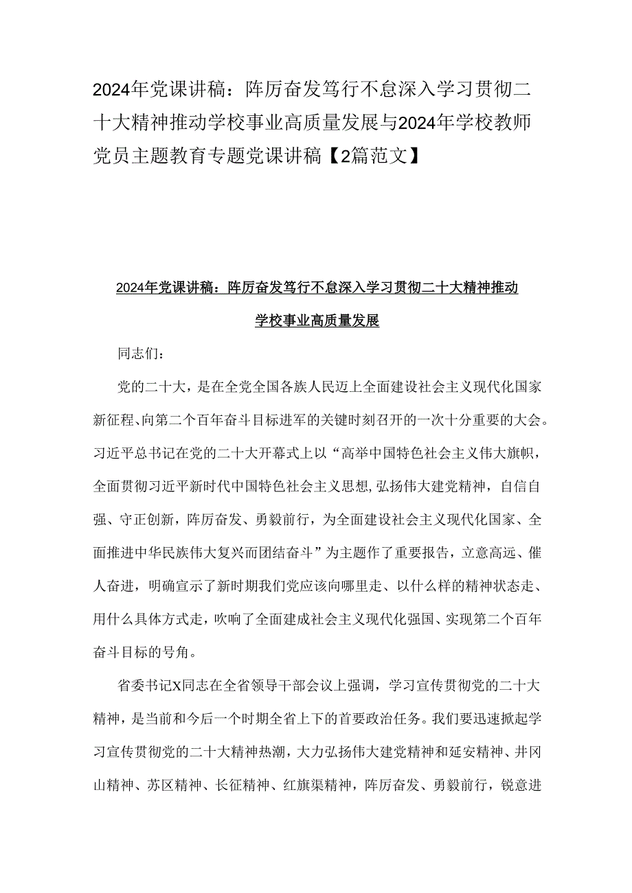 2024年党课讲稿：阵厉奋发笃行不怠深入学习贯彻二十大精神推动学校事业高质量发展与2024年学校教师党员主题教育专题党课讲稿【2篇范文】.docx_第1页