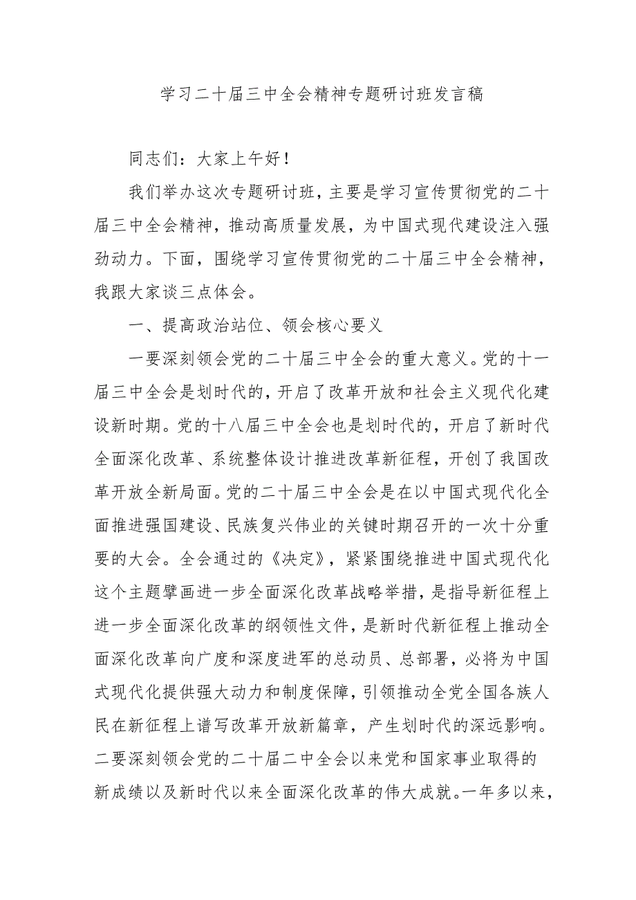 2024年开展《学习二十三中全会精神》专题研讨班发言稿（3份）54.docx_第1页