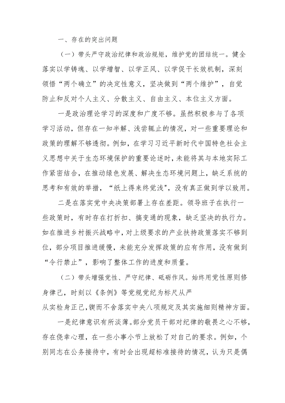2024年民主生活会个人对照检查发言材料10篇 (四个带头).docx_第2页
