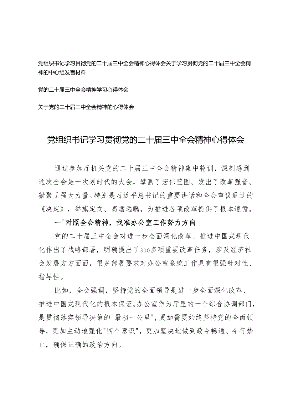 20242025年党组织书记学习贯彻党的二十三中全会精神心得体会.docx_第1页