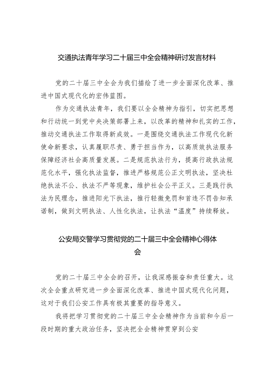 （9篇）交通执法青年学习二十三中全会精神研讨发言材料范文.docx_第1页