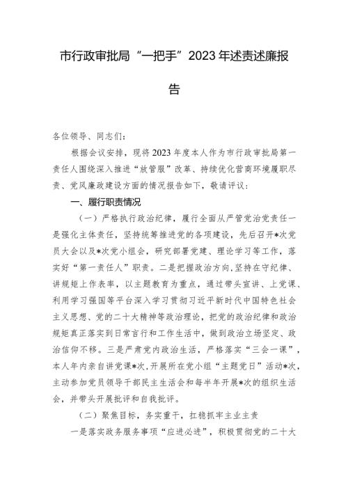 市行政审批局“一把手”2023年述责述廉报告.docx