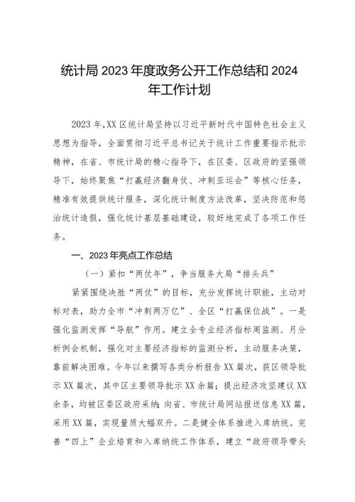 统计局2023政务公开工作总结和2024年工作计划.docx