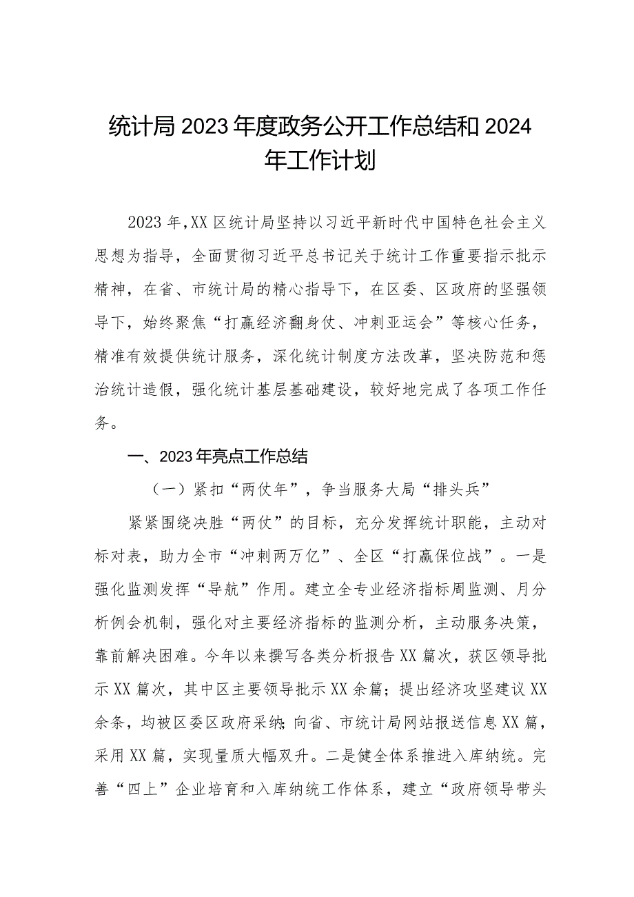 统计局2023政务公开工作总结和2024年工作计划.docx_第1页