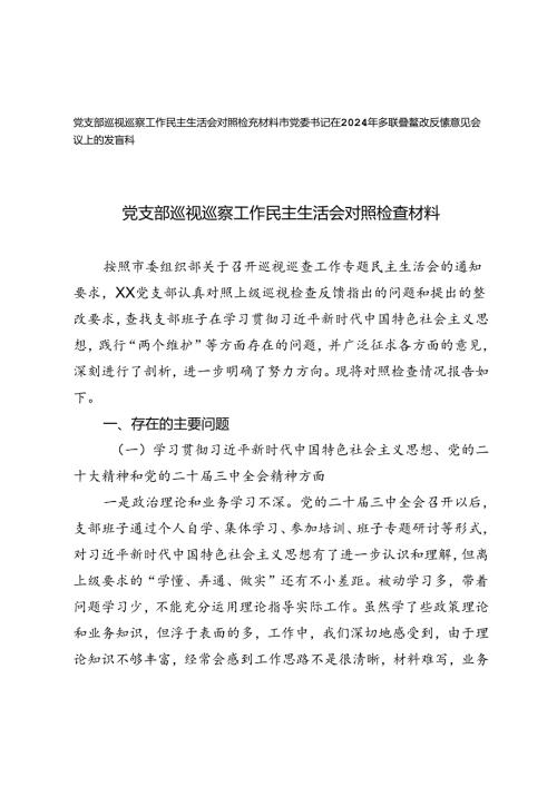 党支部巡视巡察工作民主生活会对照检查材料+巡查整改反馈意见会议上的发言稿.docx