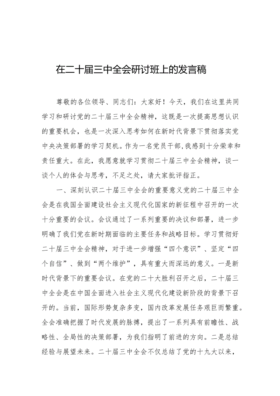 在二十三中全会研讨班上的发言稿.docx_第1页