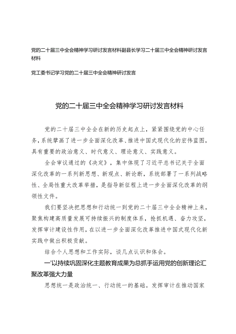 书记、副县长学习党的二十三中全会精神学习研讨发言材料.docx_第1页