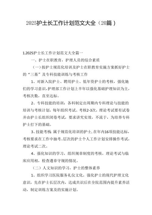 2025护士长工作计划范文大全（20篇）.docx