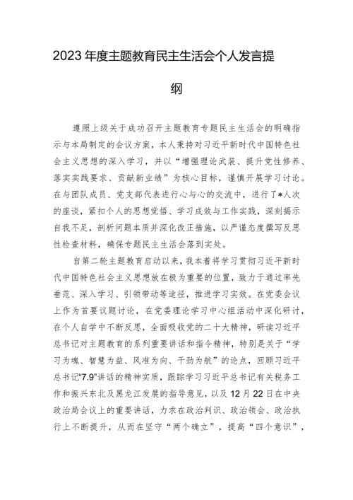 2023主题教育民主生活会个人发言提纲.docx