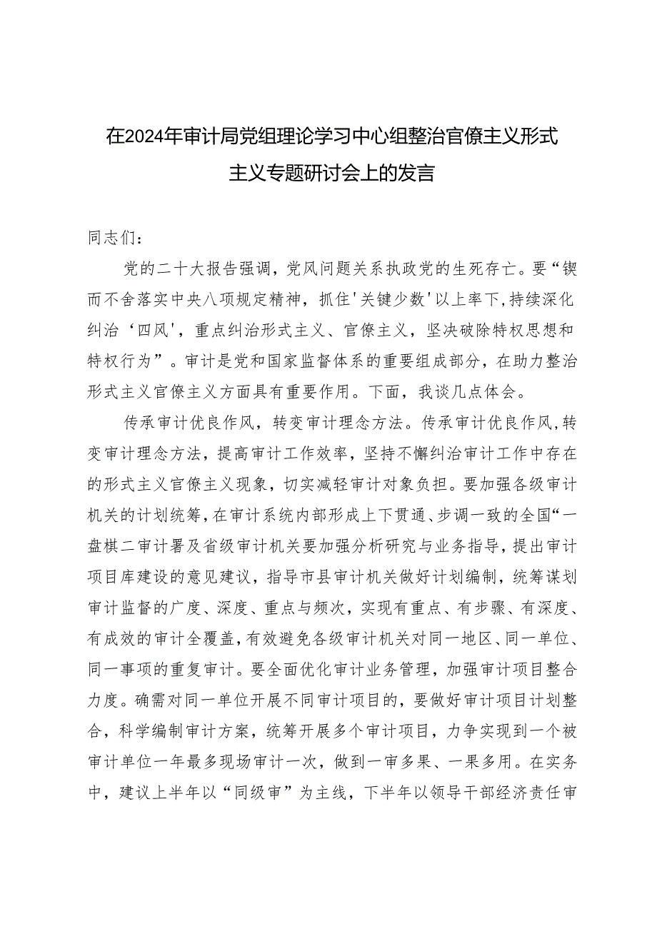审计局党组理论学习中心组在2024年整治官僚主义形式主义专题研讨会上的发言.docx_第1页