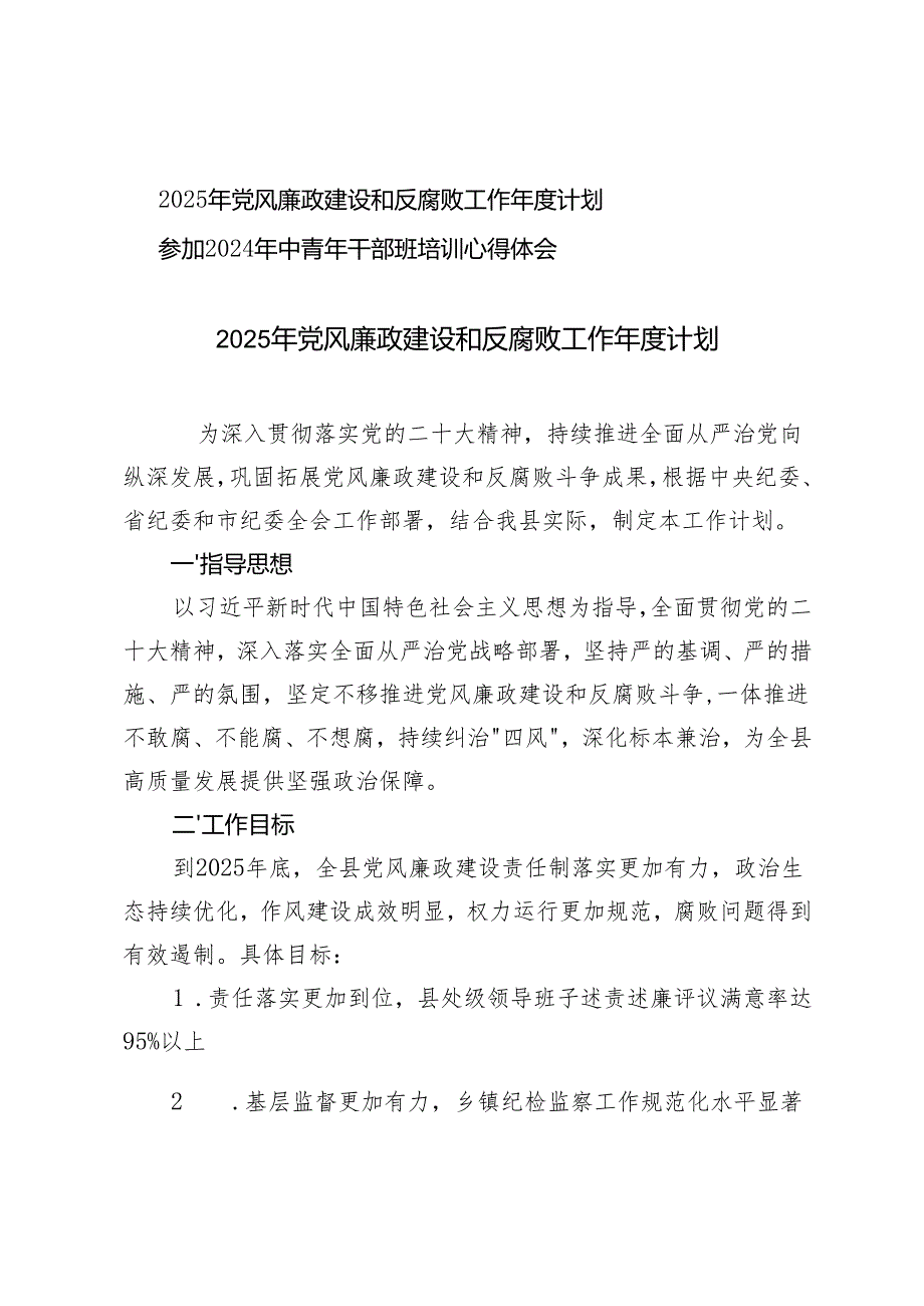2025年党风廉政建设和反腐败工作计划+参加2024年中青年干部班培训心得体会.docx_第1页