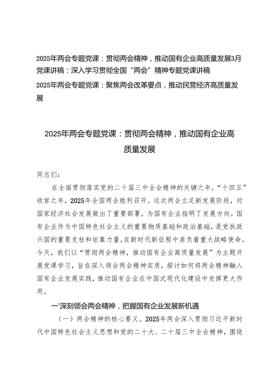 2025年全国“两会”精神专题党课讲稿（贯彻两会精神推动国有企业高质量发展；聚焦两会改革要点推动民营经济高质量发展）.docx_第1页