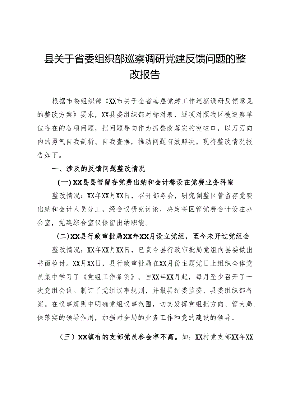 县关于省委组织部巡察调研党建反馈问题的整改报告.docx_第1页