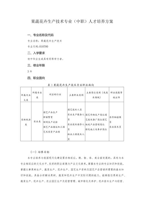 果蔬花卉生产技术专业（中职）人才培养方案.docx