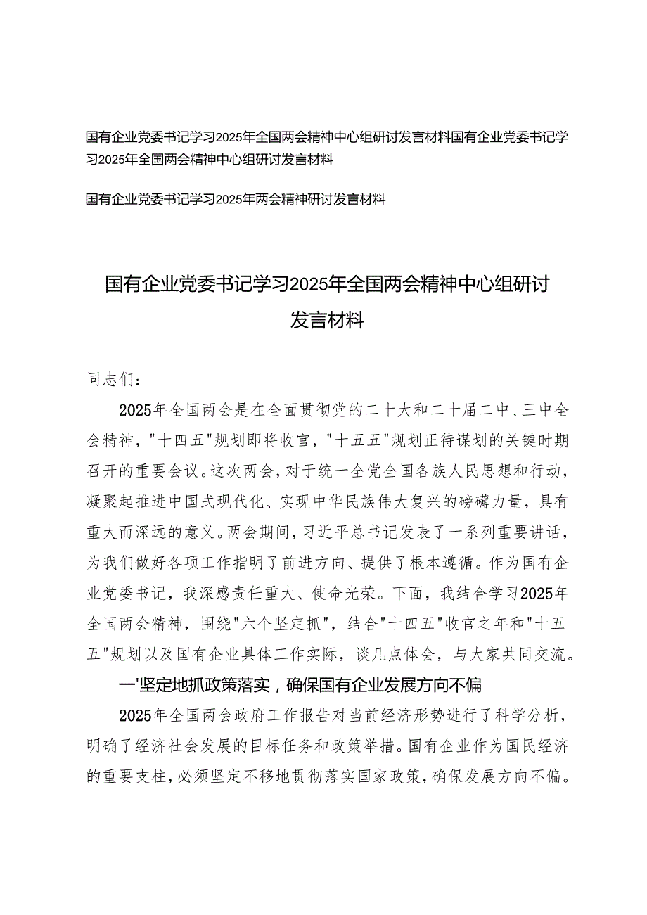 3篇 国有企业党委书记学习2025年全国两会精神中心组研讨发言材料.docx_第1页