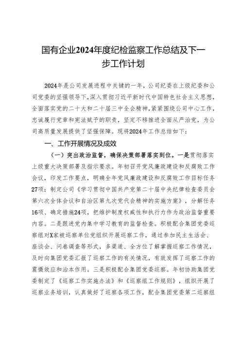 国有企业2024纪检监察工作总结及下一步工作计划(1).docx
