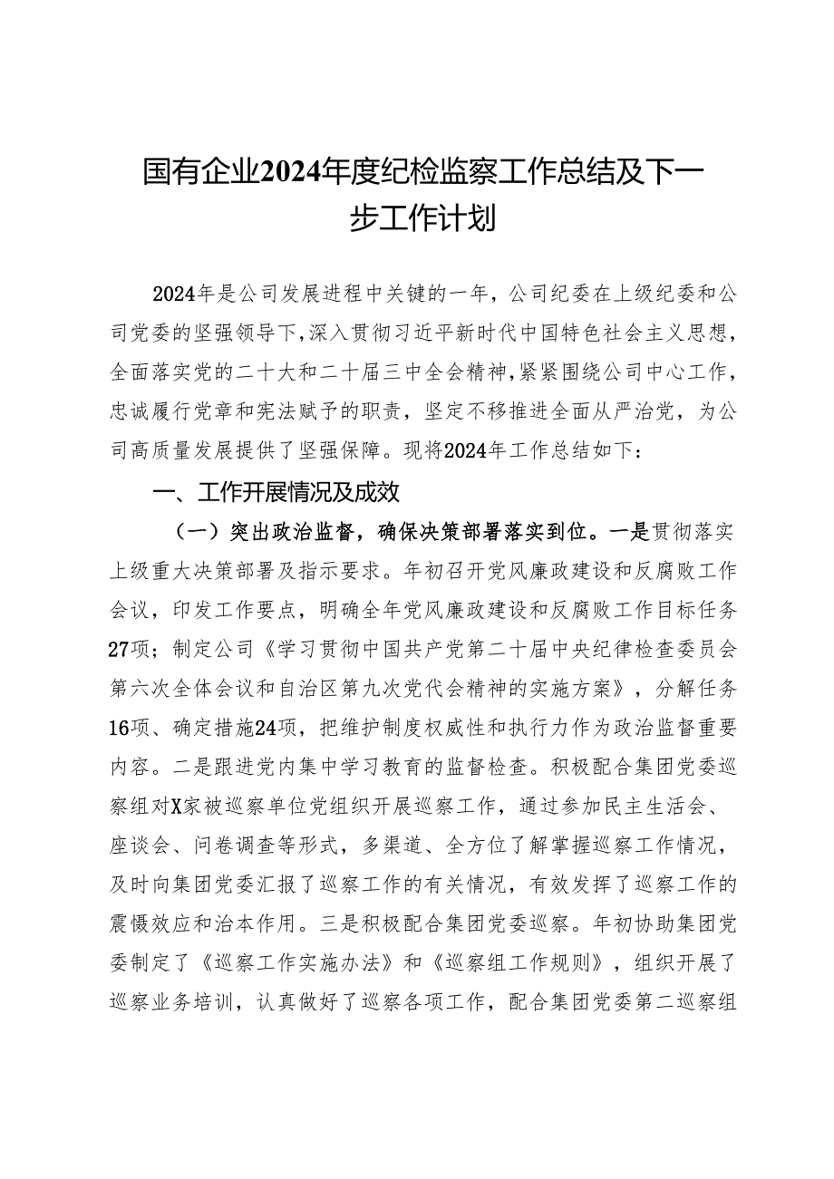国有企业2024纪检监察工作总结及下一步工作计划(1).docx_第1页
