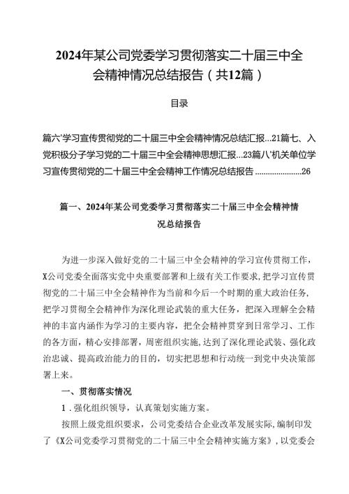 2024年某公司党委学习贯彻落实二十三中全会精神情况总结报告12篇（精选）.docx
