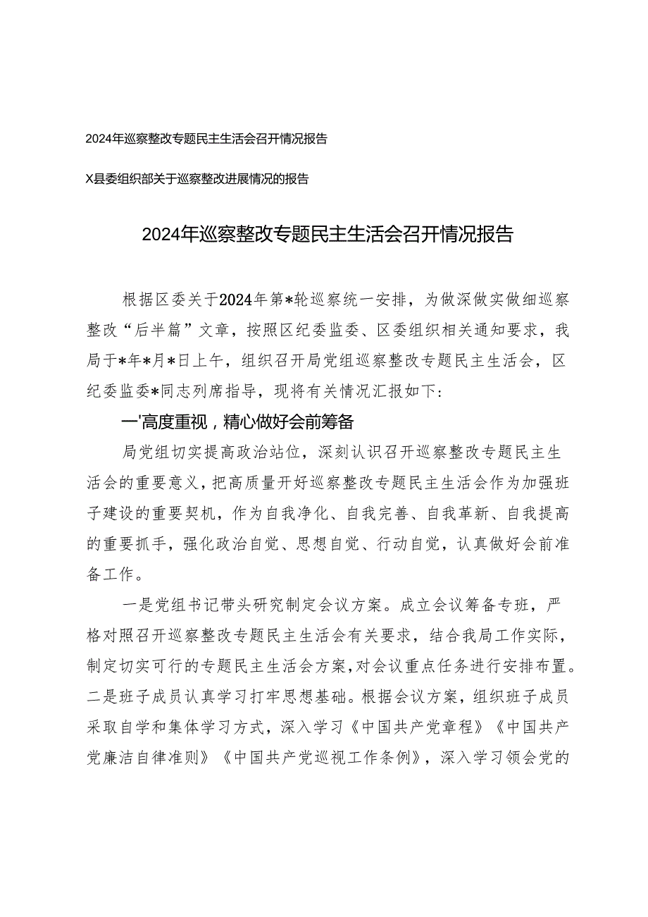 2024年巡察整改专题民主生活会召开情况报告+县委组织部关于巡察整改进展情况的报告.docx_第1页