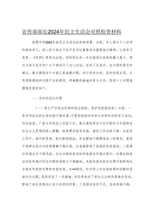 宣传部部长2024年民主生活会对照检查材料.docx