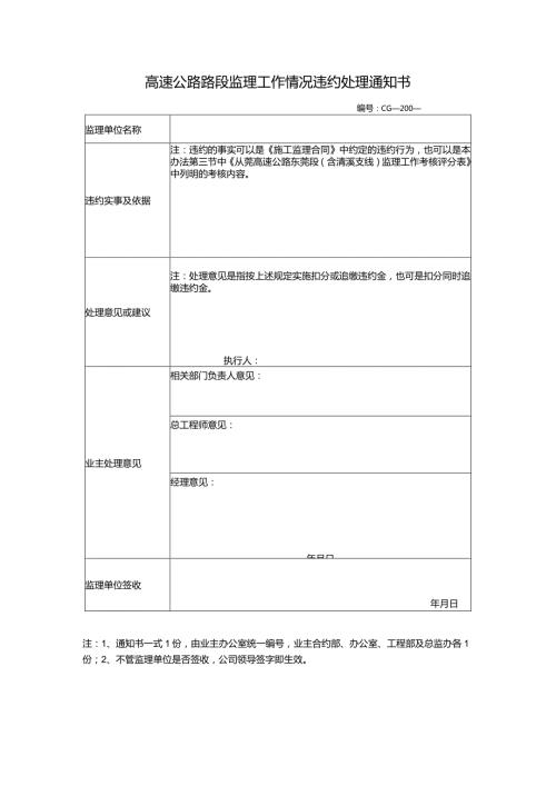 高速公路路段监理工作情况违约处理通知书.docx