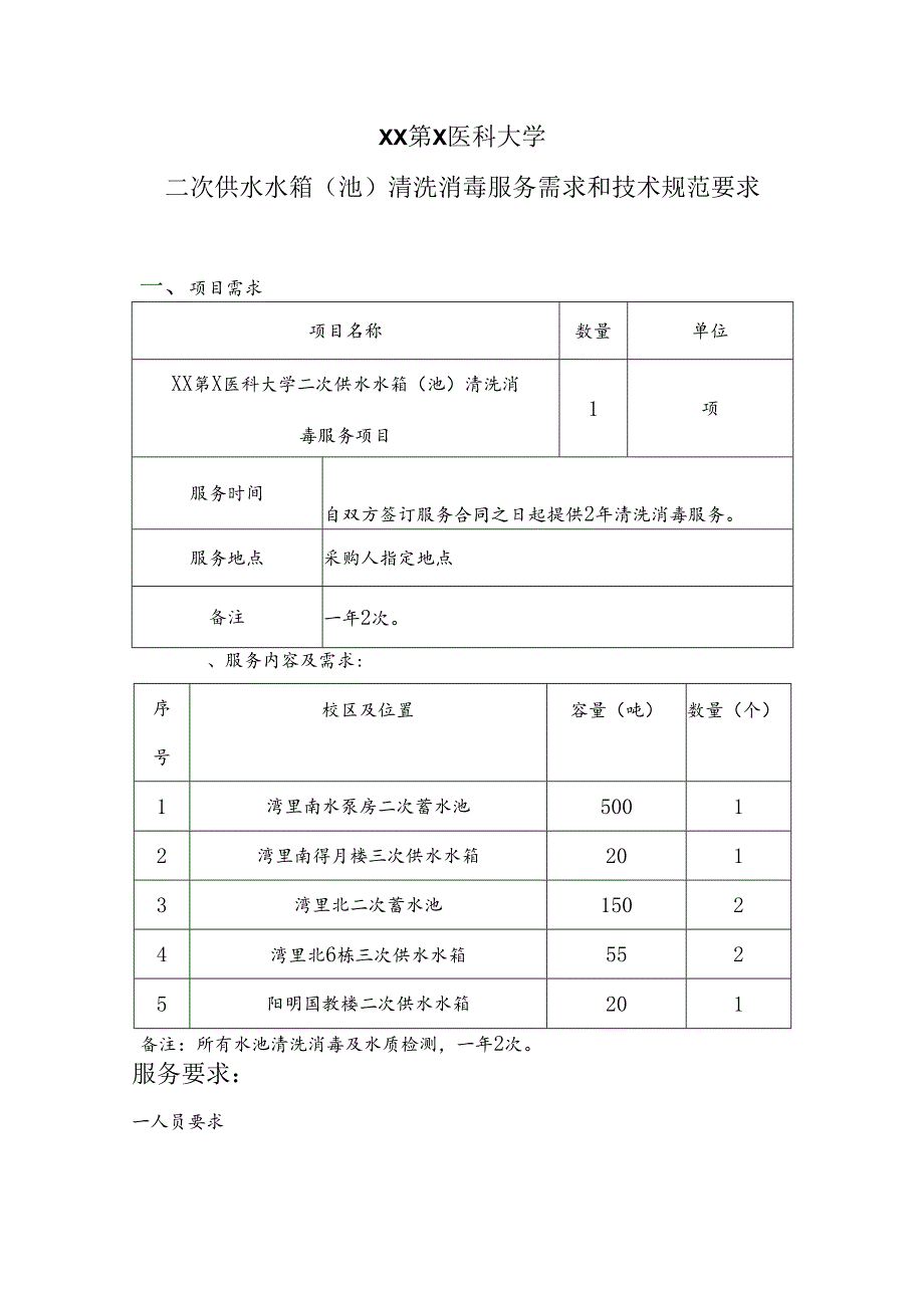 XX第X医科大学二次供水水箱（池）清洗消毒服务需求和技术规范要求（2023年）.docx_第1页