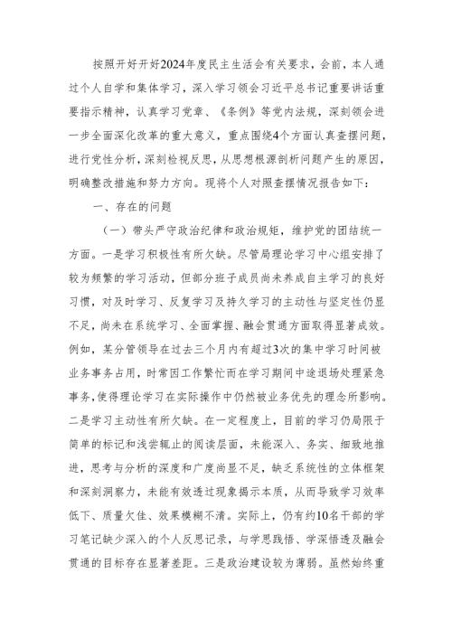2024民主生活领导班子成员个人检查材料（四个带头）范文两篇.docx