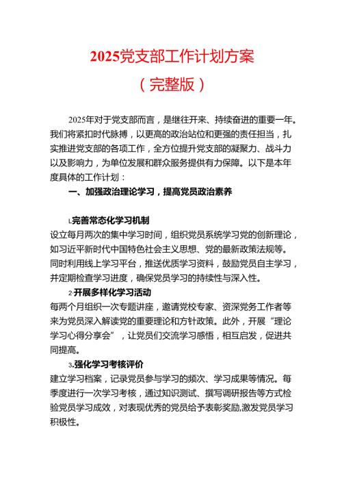 2025 党支部工作计划方案（完整版）.docx
