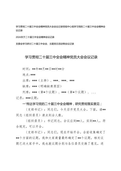 20242025年党的二十三中全会精神党员大会学习会议记录、主题党日活动等会议记录.docx